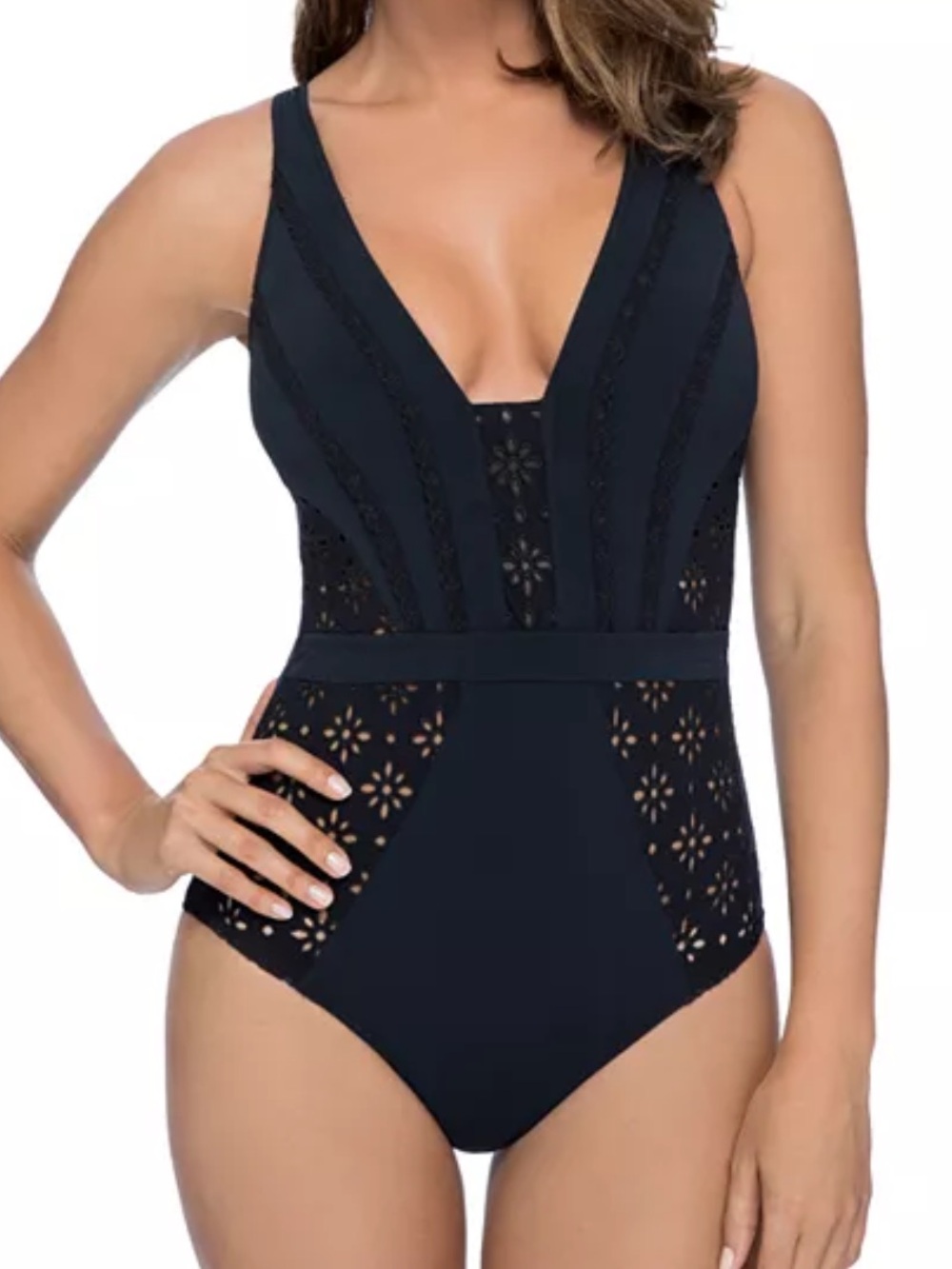 Profile by Gottex Eyelet Plunge One Piece Swimsuit Floral Resort 14D